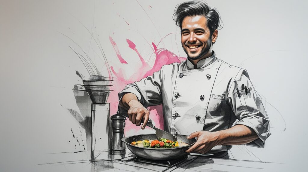 Chef entremetier en su estación especializada de vegetales dentro de una brigada de cocina profesional
