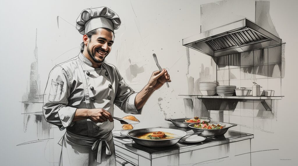 Chef entremetier cortando vegetales y preparando guarniciones para el servicio en restaurante profesional